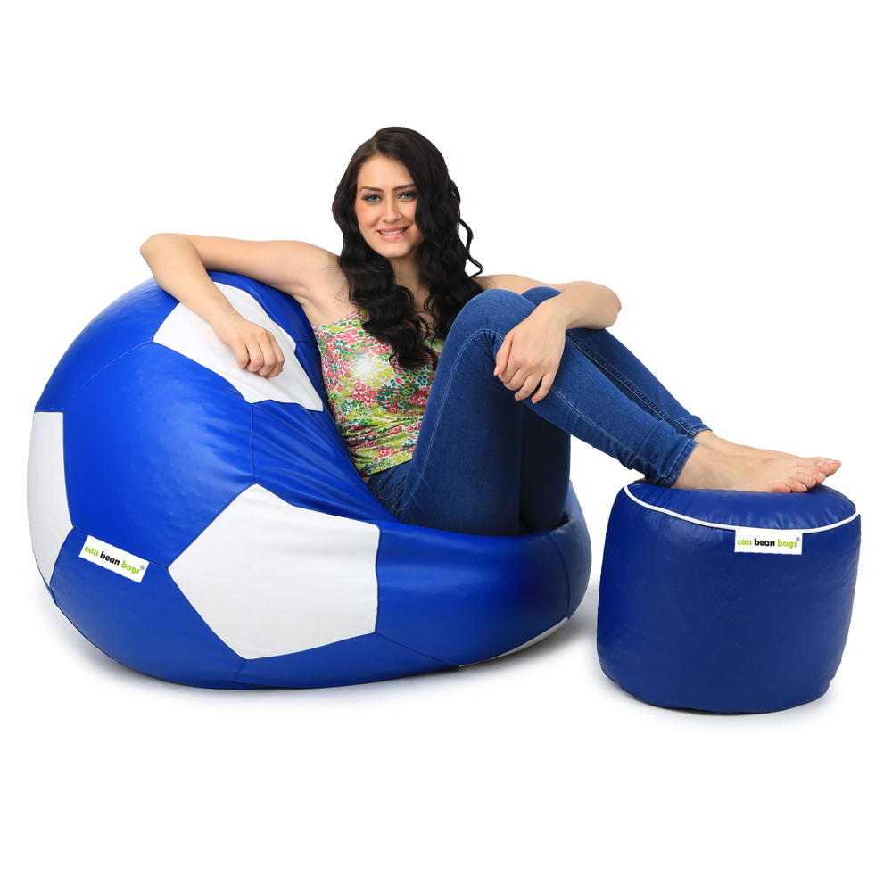 Orka Classic XXXL Foorball With Mathching Footstool Filled Bean Bag With Beans (Blue, White)